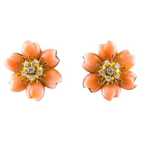 0.65 Carat White Diamond Pink Coral Yellow Gold "Flowers" Clip-On Earrings