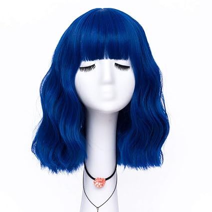 Amazon.com: LABEAUTÉ Blue Wig Short Bob Wavy Wig with Air Bangs for Women, Heat Resistance Shoulder Length Curled Wigs for Daily Use, Cosplay and Theme Parties- 14inch, Royal Blue : Clothing, Shoes & Jewelry