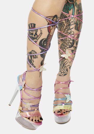 Clear Open Toe Lace Up Butterfly Platform Heels - Rainbow | Dolls Kill