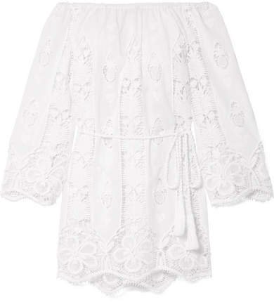 Brigitte Off-the-shoulder Crocheted Cotton-voile Mini Dress - White