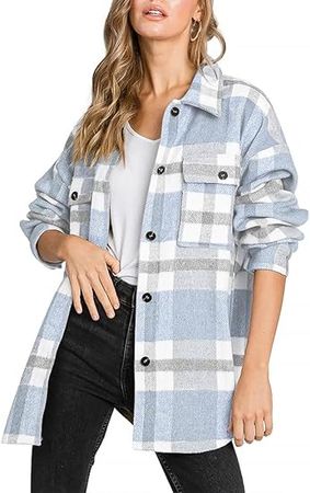 Beaully Women's Flannel Plaid Shacket Long Sleeve Button Down Chest Pocketed Shirts Jacket Coats 6017 B-Light Blue Large at Amazon Women’s Clothing store