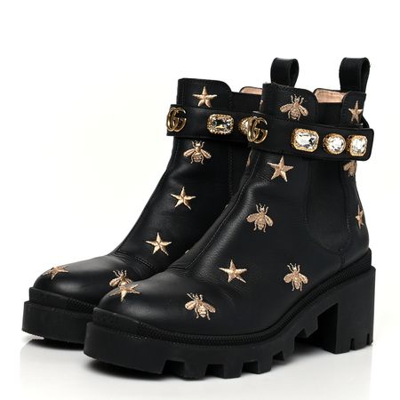 GUCCI Calfskin Bee Star Embroidered Belt Ankle Boots 37 Black 1071020 | FASHIONPHILE