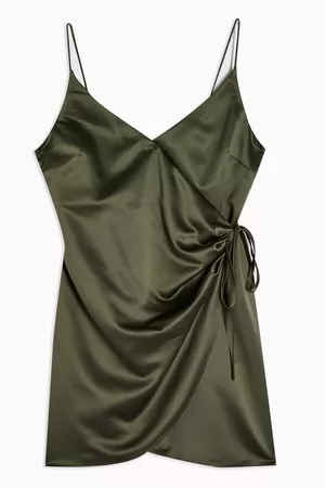 PETITE Olive Satin Wrap Mini Dress | Topshop