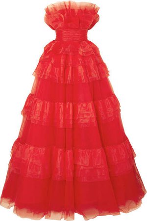 Strapless Embellished Tiered Tulle And Habotai Gown