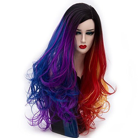 Alacos Synthetic 75CM Long Curly Rainbow Color Ombre Halloween Costumes Cosplay Harajuku Wigs for Women Lady Girl +Free Wig Cap (Purple Red Ombre)