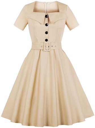 Wellwits Women's Square Neck Lapel Shirt Collared Belted 1940s Vintage Dress