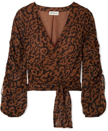 Ruched Leopard-print Silk-chiffon Wrap Top - Brown