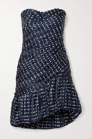 Strapless Pleated Polka-dot Silk-satin Jacquard Mini Dress - Navy