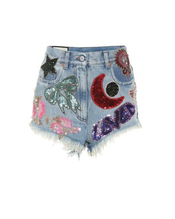 Gucci Sequined Denim Shorts in Blue - Lyst