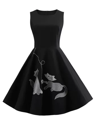 2018 Round Neck Cat Embroidery Swing Dress BLACK XL In Vintage Dresses Online Store. Best Casual Summer Maxi Dress For Sale | DressLily.com