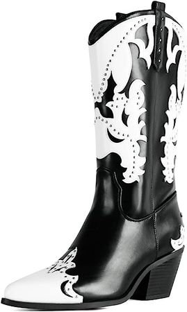 Amazon.com | Shoe'N Tale Women's Embroidered Western Cowboy Boots Pointed Toe Knee High Mid Calf Chunky Block Heel Stitching Cowgirl Boots (8,Black-01) | Mid-Calf