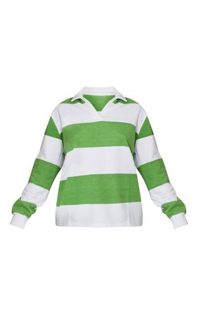 Green Stripe Long Sleeve Rugby Jersey Sweater | PrettyLittleThing USA