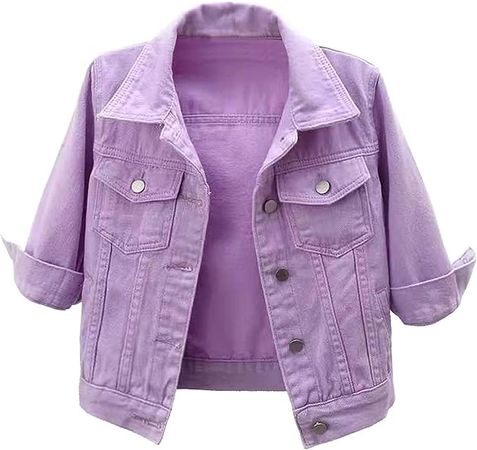Cropped Denim Jacket for Women 3/4 Sleeve Colored Light Ripped Short Jean Jackets Lapel Button Down Trucker Coats, Purple, XX-Large at Amazon Women's Coats Shop
