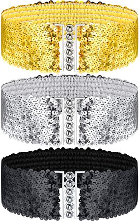 3 Pieces Sequin Belt for 70s 80s Costume Party, Disco Party Costume Wide Waist Elastic Cinch Belt Cheerleader Stretchy Belt for Women Girl Metal Buckle Glitter (Gold Silver Black) at Amazon Women’s Clothing store