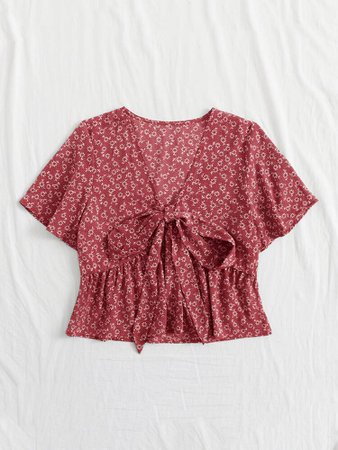 Plus Ditsy Floral Knot Babydoll Blouse | SHEIN USA