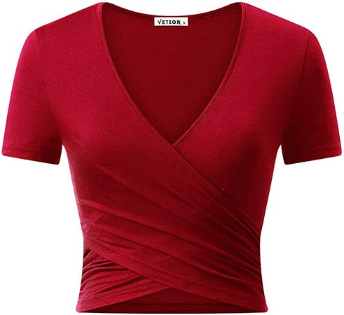 VETIOR Women's Deep V Neck Short Sleeve Unique Slim Fit Cross Wrap Shirts Crop Tops at Amazon Women’s Clothing store