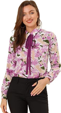 Allegra K Women's Tie Neck Floral Shirt Abstract Long Sleeve Office Point Collar Blouse Top X-Large Beige at Amazon Women’s Clothing store