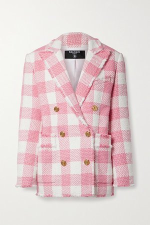 Double-breasted Fringed Gingham Cotton-blend Tweed Blazer - Pink