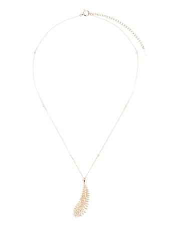 Mizuki 14kt yellow gold diamond feather pendant pearl chain necklace
