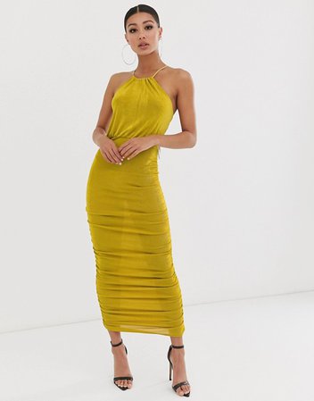 Missguided ruched midaxi dress with halterneck in mustard | ASOS