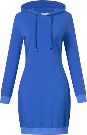 MISSKY Women's Casual Long Sleeve Pocket Pullover Hooded Mini Dress,Blue M at Amazon Women’s Clothing store