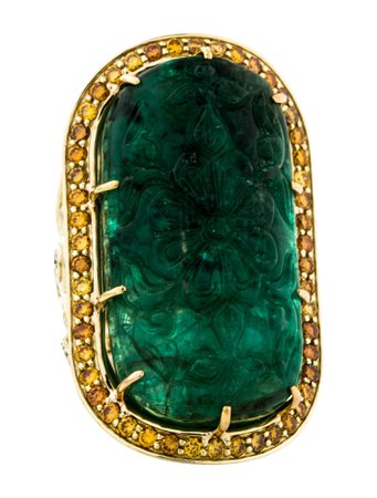 14K Carved Emerald & Diamond Cocktail Ring