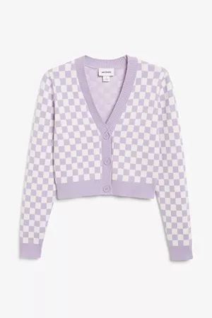 Checkered purple cropped v-neck cardigan - Checkered purple - Monki WW