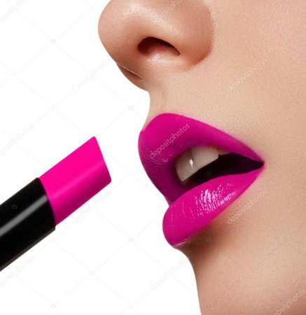 Extreme close up on model applying pink lipstick. Makeup. Professional fashion retro make-up. Pink lipstick. Pink Lips — Stock Photo © looking_2_the_sky #109087268