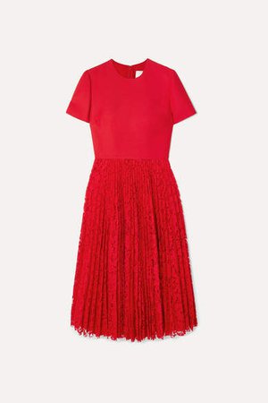 Pleated Lace And Crepe Midi Dress - Red