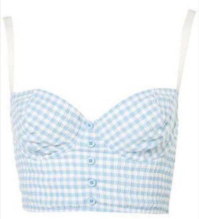 blue gingham crop top light pastel plaid criss cross white button buttoned button-up button up sweetheart neckline cropped top shirt tank strap