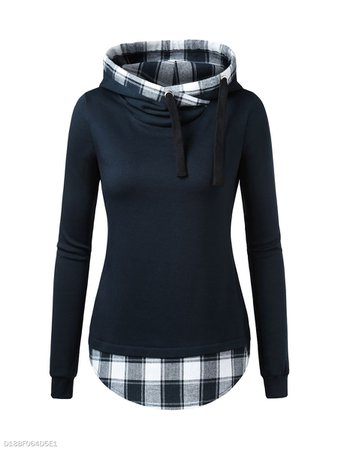Hooded Drawstring Colouring Plaid Long Sleeve Hoodies - fashionMia.com