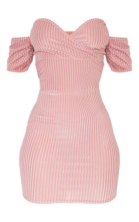 Nude Sheer Velvet Rib Bardot Wrap Bodycon Mini Dress | PrettyLittleThing USA