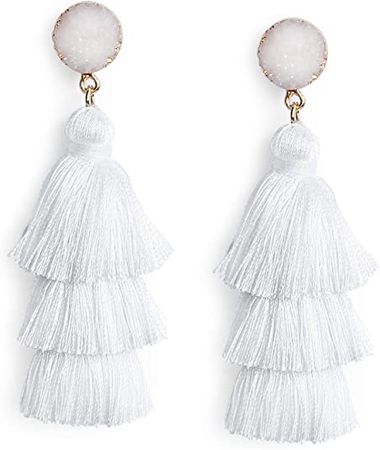 Amazon.com: Me&Hz White Summer Tassel Earrings Dangle Drop for Women Girls Handmade Tiered Fringe Big White Earrings Stud Boho Beach Outfit Jewelry Birthday Valentines Mothers Gift: Clothing, Shoes & Jewelry