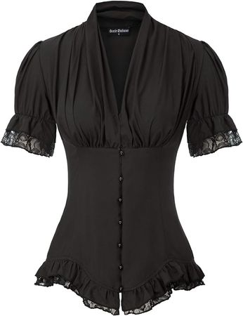 Womens Renaissance V Neck Blouse Vintage Short Puff Sleeves Peplum Dressy Blouse Black S at Amazon Women’s Clothing store