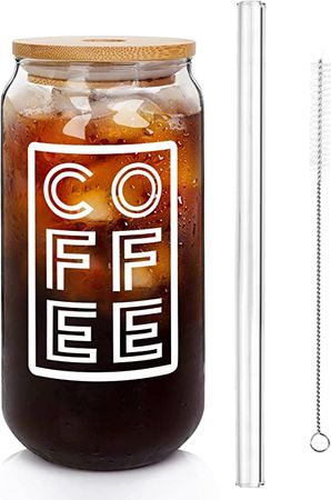ANOTION Iced Coffee Cup with Lids and Straw, Beer Can Glass with Bamboo Cover 20 Oz Glass Coffee Cups Reusable Drinking Glasses Tumbler to Go Coffee Cups for Travel Office Home Tea Margaritas Juice: Mixed Drinkware Sets