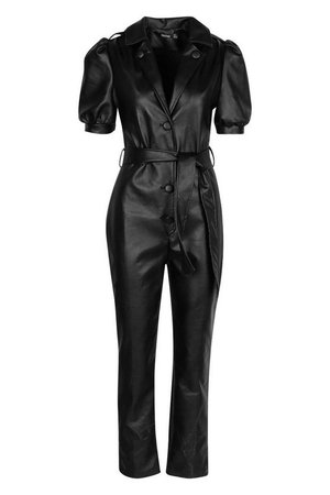 Leather Look Puff Sleeve Boiler Suit | Boohoo black