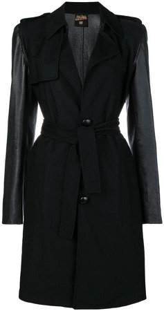 Pre-Owned faux-leather sleeves belted coat