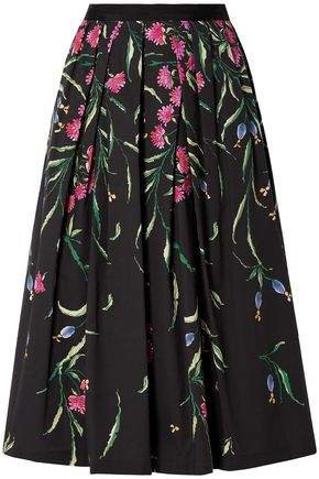 Pleated Floral-print Cotton-blend Faille Midi Skirt