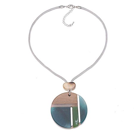 Acylic Pendant Bar Necklace, Aqua Acrylic with Wood Combination Disc Statement Long Necklace: Clothing