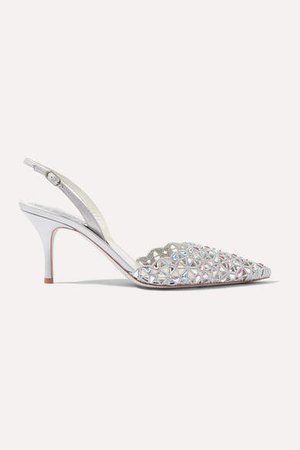 Macre Crystal-embellished Lace And Leather Slingback Pumps - Silver