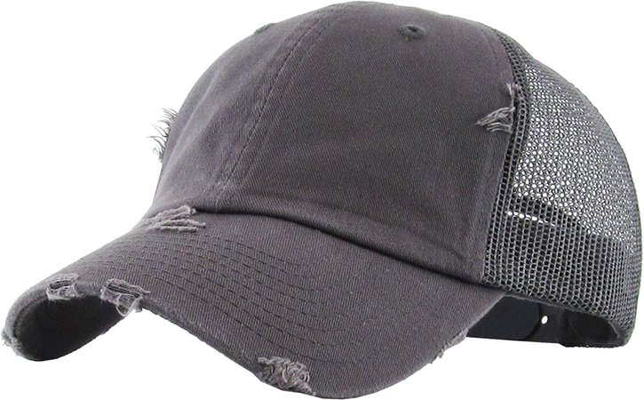 H-6140-K70 Distressed Low Profile Vintage Polo Style Trucker Dad Hat - Dark Grey at Amazon Women’s Clothing store