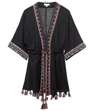 ETOILE CORAL Black Cotton Embroidered Saint Tropez Kimono