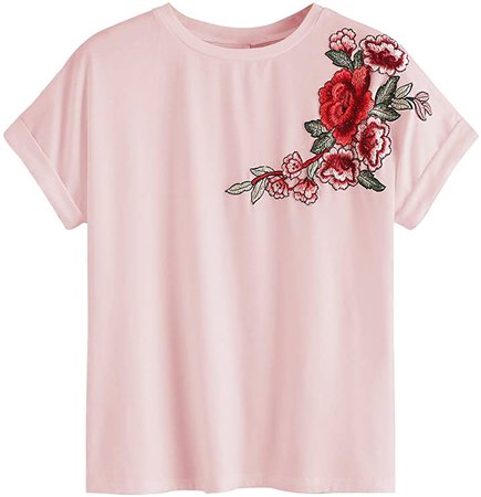 Amazon.com: Romwe Women's Floral Embroidery Cuffed Short Sleeve Casual Tees T-Shirt Tops Army Green XS: Clothing