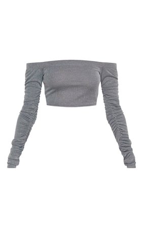 Grey Rib Off Shoulder Ruched Sleeve Crop Top | PrettyLittleThing