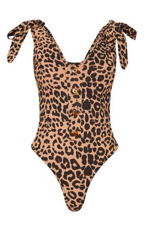 Tan Leopard Print Tie Detail Bodysuit | Tops | PrettyLittleThing USA
