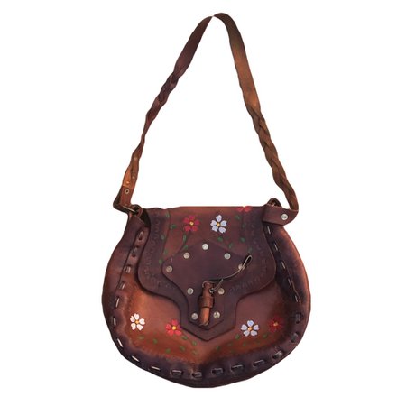 70s leather bag with hand painted flowers