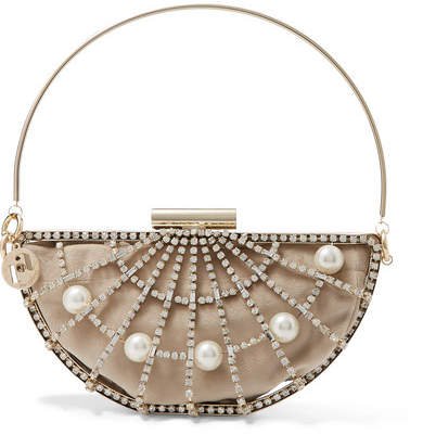 Jodi Crystal And Faux Pearl-embellished Gold-tone And Velvet Clutch