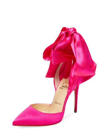 Christian Louboutin Hot Pink Satin Bow Evening Sandals Pumps Heels at 1stDibs | hot pink bow heels, hot pink heels with bow, hot pink satin heels