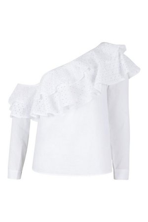 Broderie Anglaise Ruffle One Shoulder Top | boohoo white