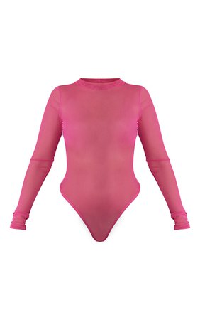 Hot Pink Mesh High Neck Bodysuit | PrettyLittleThing USA